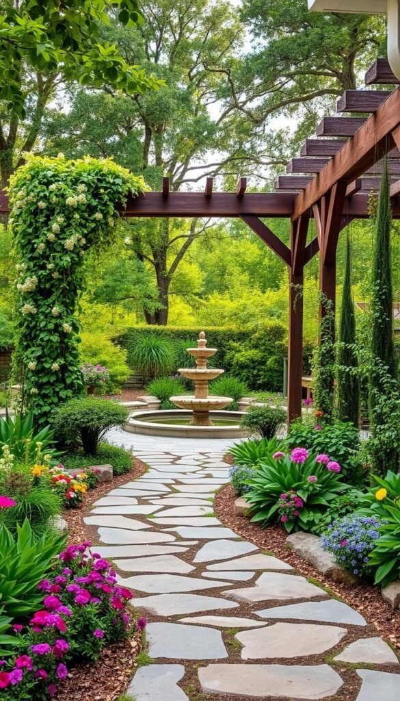 A lush garden oasis where hardscape and softscape seamlessly blend. In the foreground, a path of natural stone meanders through a vibrant tapestry of verdant foliage and colorful flowers. Midground features a rustic wooden pergola, its beams intertwined with cascading vines and trailing blooms. Beyond, a tranquil water feature with a serene stone fountain reflects the dappled sunlight filtering through the canopy of mature trees in the background. The scene exudes a sense of harmony, where the built elements complement the organic, creating a cohesive and visually captivating outdoor living space.