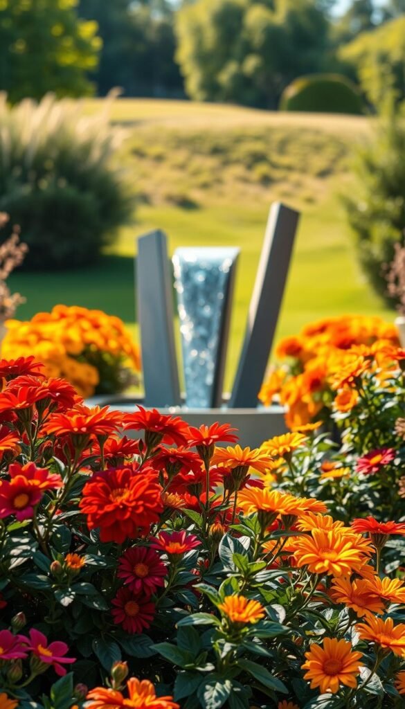 A lush garden oasis, with a stunning color-contrasted focal point feature. In the foreground, a vibrant array of blooming flowers in complementary hues - deep reds, vibrant oranges, and golden yellows. The middle ground showcases a sculptural, contemporary water feature, its sleek lines and cascading flow creating a mesmerizing visual counterpoint to the organic floral arrangement. The background gently fades into a verdant, softly blurred landscape, allowing the central focal point to truly shine. Warm, diffused sunlight bathes the scene, casting gentle shadows and highlights that accentuate the depth and textures. The overall composition invites the viewer to pause, explore, and appreciate the harmonious interplay of color, form, and natural elements.