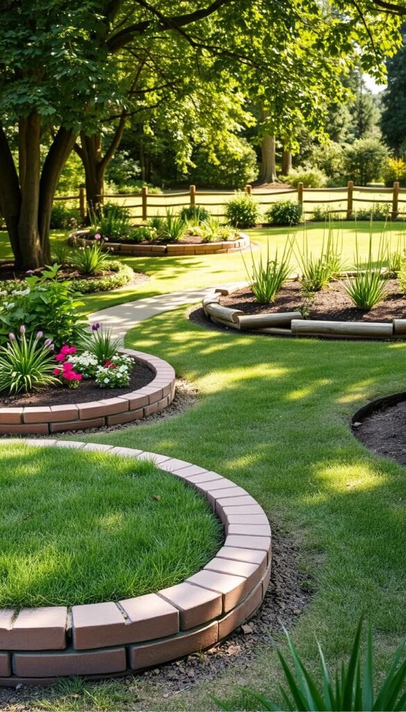 A lush garden scene with a variety of edging techniques prominently displayed. In the foreground, a curved brick border frames a well-manicured flower bed, contrasted by a straight-edged concrete path leading into the middle ground. Further back, a wooden log border outlines a vegetable patch, its natural texture juxtaposed against a meticulously trimmed lawn. Dappled sunlight filters through the trees, casting soft shadows and a warm, inviting atmosphere. The composition emphasizes the visual contrast and practical applications of different edging styles, showcasing how they can soften harsh corners and create a cohesive, visually appealing landscape. A lush garden scene with a variety of edging techniques prominently displayed. In the foreground, a curved brick border frames a well-manicured flower bed, contrasted by a straight-edged concrete path leading into the middle ground. Further back, a wooden log border outlines a vegetable patch, its natural texture juxtaposed against a meticulously trimmed lawn. Dappled sunlight filters through the trees, casting soft shadows and a warm, inviting atmosphere. The composition emphasizes the visual contrast and practical applications of different edging styles, showcasing how they can soften harsh corners and create a cohesive, visually appealing landscape.