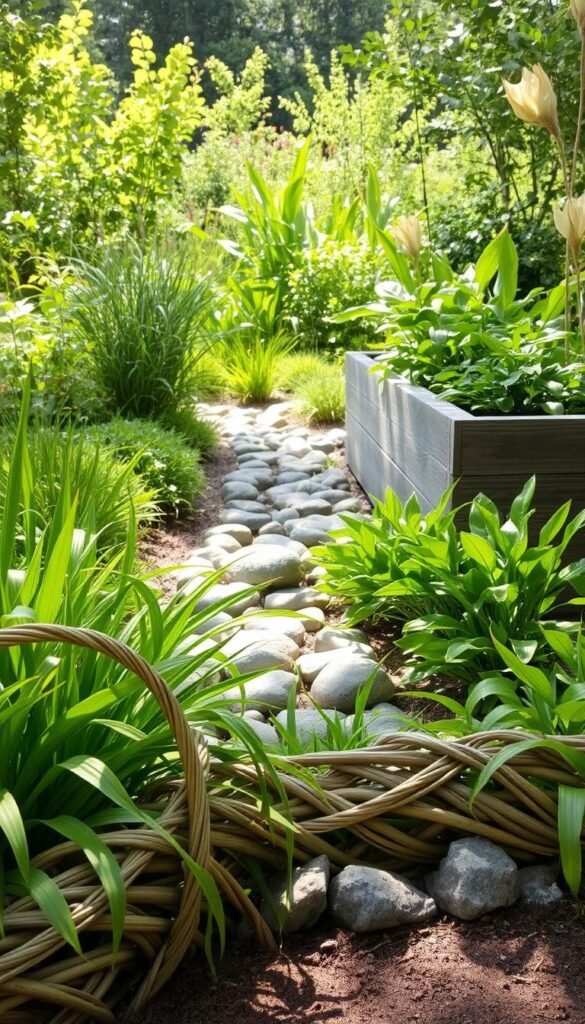 A lush garden scene with an array of eco-friendly edging materials. In the foreground, a border made from woven willow branches, their organic curves complementing the vibrant green foliage. In the middle ground, a path lined with smooth river rocks, their natural sheen reflecting the dappled sunlight. In the background, a raised garden bed edged with reclaimed wood planks, their weathered texture adding character. The overall composition conveys a sense of harmony, with the materials blending seamlessly into the verdant landscape. Lighting is soft and natural, with a hint of warmth that enhances the earthy tones. The scene evokes a tranquil, sustainable garden oasis. A lush garden scene with an array of eco-friendly edging materials. In the foreground, a border made from woven willow branches, their organic curves complementing the vibrant green foliage. In the middle ground, a path lined with smooth river rocks, their natural sheen reflecting the dappled sunlight. In the background, a raised garden bed edged with reclaimed wood planks, their weathered texture adding character. The overall composition conveys a sense of harmony, with the materials blending seamlessly into the verdant landscape. Lighting is soft and natural, with a hint of warmth that enhances the earthy tones. The scene evokes a tranquil, sustainable garden oasis.