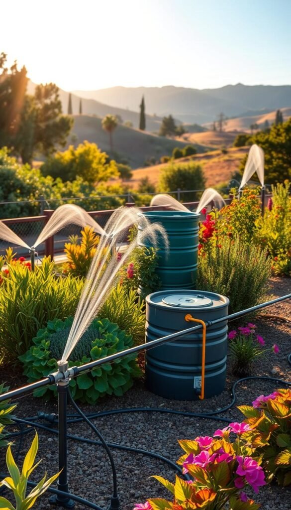 A lush garden showcasing an efficient irrigation system. In the foreground, a network of sleek, modern drip lines and sprinklers delivering targeted water to vibrant, drought-tolerant plants. Mid-ground, a stylized rain barrel capturing and storing precious rainwater. In the background, a serene landscape with rolling hills, towering trees, and a clear, blue sky bathed in warm, golden sunlight. The scene conveys a harmonious balance between human-engineered water conservation and the natural beauty of a thriving, water-wise garden.