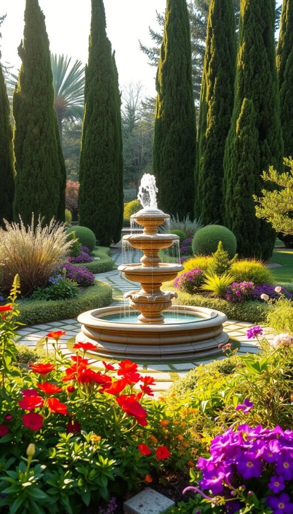 A lush garden with a stunning focal point. In the foreground, a carefully curated arrangement of vibrant flowers and lush greenery frames a magnificent stone fountain, its cascading waters sparkling in the warm, golden light of the afternoon sun. The middle ground features a meandering stone pathway, inviting visitors to explore the tranquil space. In the background, a row of towering cypress trees provide a natural backdrop, creating a sense of privacy and tranquility. The overall scene evokes a sense of serenity and beauty, perfectly capturing the essence of a budget-friendly, yet stunning garden design.