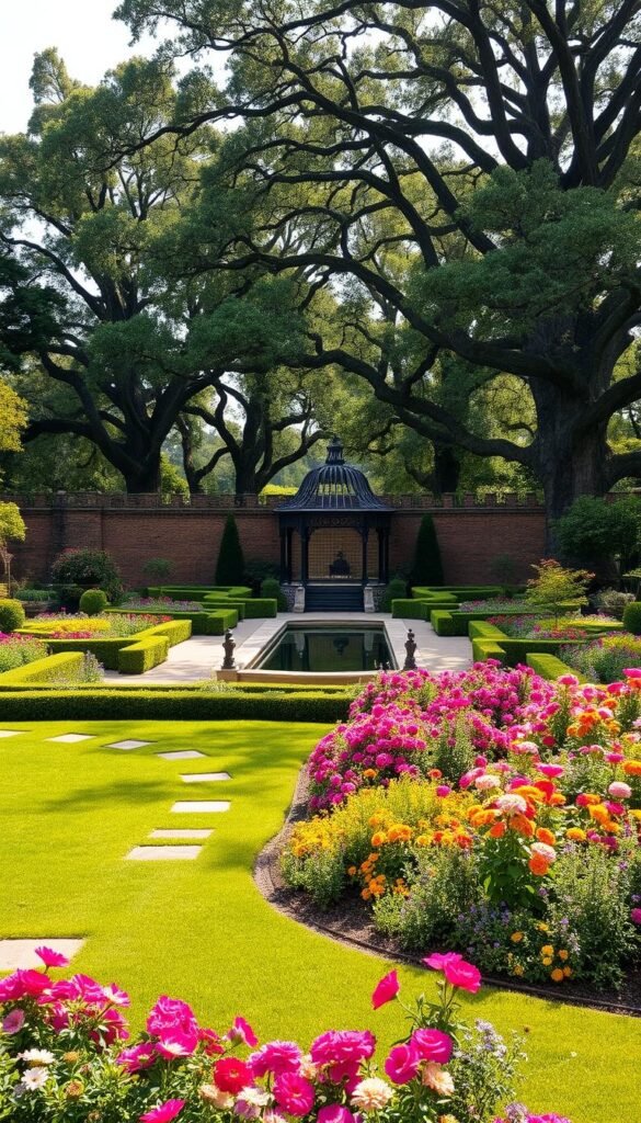 A lush, historical English garden filled with classic features. In the foreground, a well-manicured lawn bordered by low, sculpted hedges and ornate stone pathways. Scattered throughout, colorful flower beds bursting with blooms in a vibrant array of hues. In the middle ground, a stately, brick-walled garden with an intricate wrought-iron gazebo and a tranquil reflecting pool. Behind, a canopy of towering oak trees filters dappled sunlight, casting a warm, nostalgic glow. The scene conveys a sense of timeless elegance and timeless tradition, capturing the essence of quintessential English garden design. A lush, historical English garden filled with classic features. In the foreground, a well-manicured lawn bordered by low, sculpted hedges and ornate stone pathways. Scattered throughout, colorful flower beds bursting with blooms in a vibrant array of hues. In the middle ground, a stately, brick-walled garden with an intricate wrought-iron gazebo and a tranquil reflecting pool. Behind, a canopy of towering oak trees filters dappled sunlight, casting a warm, nostalgic glow. The scene conveys a sense of timeless elegance and timeless tradition, capturing the essence of quintessential English garden design.