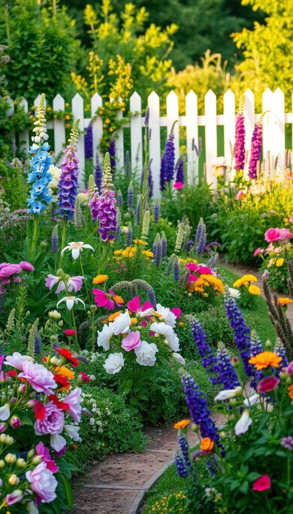 A lush, idyllic cottage garden border, with a vibrant mix of perennials, annuals, and trailing vines. In the foreground, a winding path bordered by clusters of colorful blooms - delphinium, peonies, and scented sweet peas. The middle ground features an array of whimsical, cottage-style plants, including foxgloves, lavender, and fragrant roses, all bathed in warm, golden afternoon light. In the background, a picket fence frames the scene, creating a sense of cozy seclusion. The overall mood is one of tranquility and effortless natural beauty, inviting the viewer to step into this enchanting garden oasis.