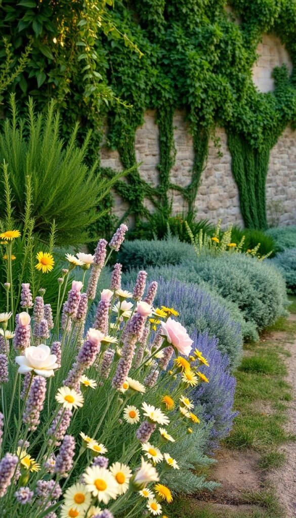A lush, inviting cottage garden border softens the edges of a winding path. In the foreground, a mix of fragrant blooms in pastel hues - delicate lavender, soft pink roses, and cheerful yellow daisies - sway gently in a warm summer breeze. The middle ground features a variety of textured foliage, including billowing mounds of rosemary and feathery ferns, creating a naturalistic tapestry. The background showcases a picturesque stone wall, partially obscured by the verdant canopy of climbing vines. The scene is illuminated by warm, golden-hour light, casting a cozy, romantic atmosphere.