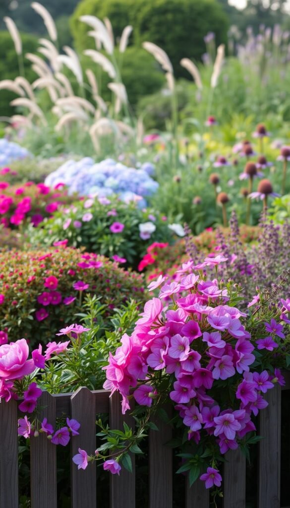 A lush, layered cottage garden border filled with an abundance of shrubs and perennials. In the foreground, a cluster of vibrant pink and purple flowers like peonies and phlox cascade over a wooden fence. The middle ground features a mix of green-leaved shrubs like hydrangeas and spireas, their blooms peeking through. In the background, a hazy line of taller plants like ornamental grasses and purple coneflowers sway gently in the soft, diffused lighting of the late afternoon sun. The overall scene exudes a sense of harmony and natural abundance, evoking the cozy, charming atmosphere of an English country garden. A lush, layered cottage garden border filled with an abundance of shrubs and perennials. In the foreground, a cluster of vibrant pink and purple flowers like peonies and phlox cascade over a wooden fence. The middle ground features a mix of green-leaved shrubs like hydrangeas and spireas, their blooms peeking through. In the background, a hazy line of taller plants like ornamental grasses and purple coneflowers sway gently in the soft, diffused lighting of the late afternoon sun. The overall scene exudes a sense of harmony and natural abundance, evoking the cozy, charming atmosphere of an English country garden.