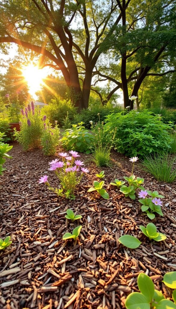 A lush, low-maintenance garden bed with nutrient-rich, well-drained soil. Sunlight filters through a canopy of mature trees, casting a warm, golden glow. In the foreground, a layer of organic mulch covers the soil, suppressing weeds and retaining moisture. Diverse, drought-tolerant plants thrive, their vibrant foliage and delicate blooms adding pops of color. The scene exudes a sense of effortless natural harmony, an oasis of serenity and low-maintenance beauty.