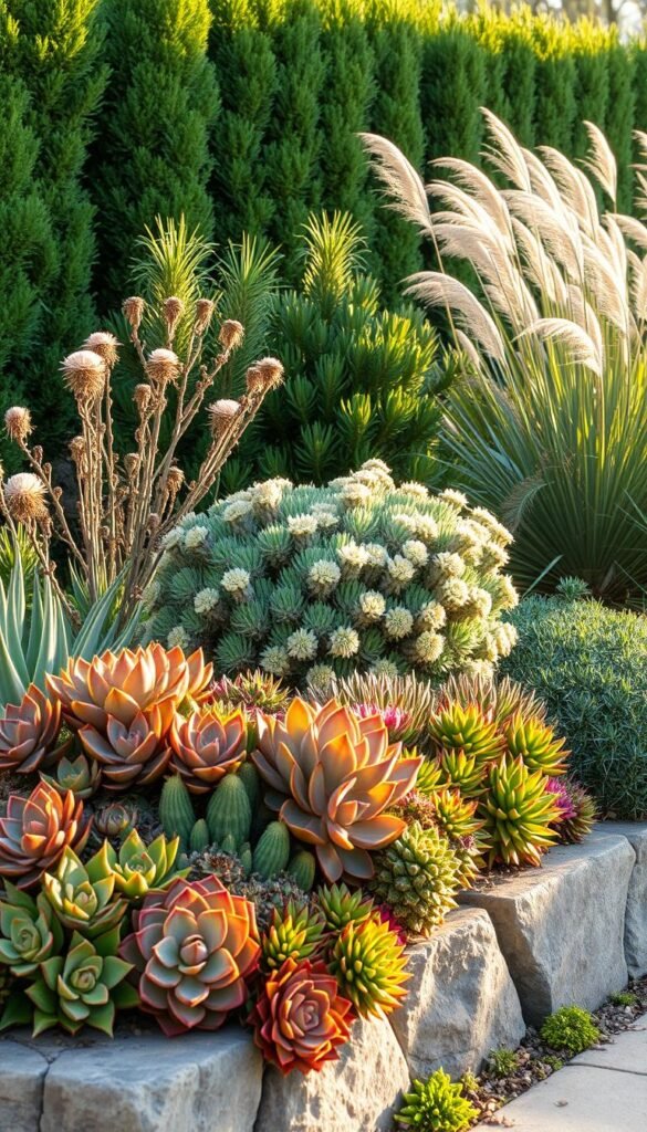 A lush, low-maintenance garden filled with vibrant, drought-tolerant plants. In the foreground, a mix of succulents and cacti in earthy tones cascade over a raised stone planter. The middle ground features a cluster of hardy, evergreen shrubs with delicate, fragrant flowers. In the background, a row of tall, swaying ornamental grasses provides a natural, windswept backdrop. The scene is bathed in warm, golden sunlight, creating a serene and inviting atmosphere. Captured with a wide-angle lens to showcase the harmonious interplay of shapes, textures, and colors that make up this low-maintenance oasis.