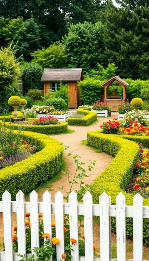 A lush, meticulously designed cottage garden layout, featuring a meandering path flanked by low, neatly trimmed hedges in a variety of complementary shades of green. In the foreground, a picket fence with white, weathered boards creates a charming boundary, leading the eye towards a vibrant display of colorful perennials and trailing vines. The middle ground showcases a well-proportioned, symmetrical arrangement of raised garden beds, filled with an abundance of blooming flowers in warm hues. In the background, a quaint wooden shed with a pitched roof and a verdant backdrop of mature trees and shrubs sets the scene for this idyllic, inviting garden landscape. The overall composition is bathed in soft, natural lighting, conveying a sense of tranquility and timeless appeal.
