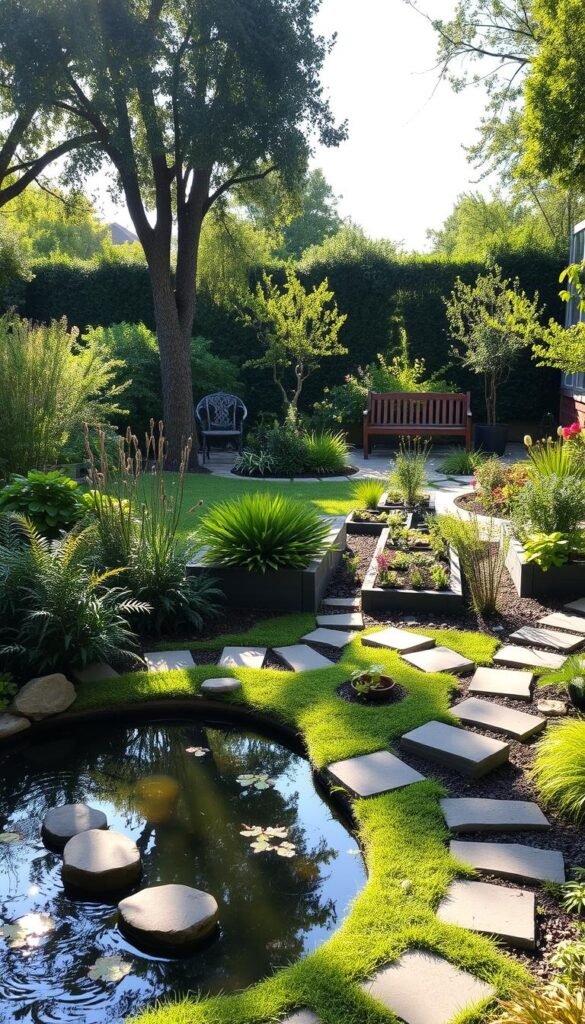 A lush, meticulously designed garden with distinct activity zones. In the foreground, a serene meditation area with a tranquil pond and stepping stones. The middle ground features a raised vegetable bed and an artfully arranged herb garden. Toward the back, a shaded seating area with a rustic wooden bench, surrounded by flowering shrubs and trees. Gentle afternoon sunlight filters through the canopy, casting a warm, inviting glow. Strategically placed garden paths guide the viewer through the harmonious layout, showcasing efficient zoning techniques for relaxation, work, and play.
