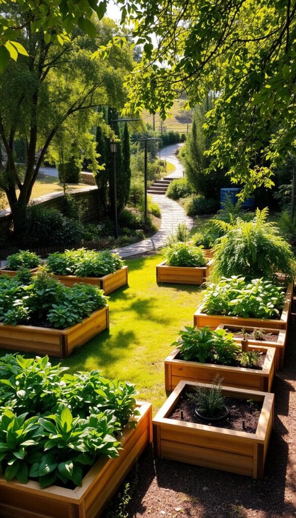 A lush, meticulously designed level garden space, with neatly arranged raised garden beds nestled in a gently sloping landscape. The beds are constructed with natural-toned timber, their geometric forms creating a pleasing symmetry. Vibrant, lush greenery cascades over the beds, a tapestry of varied foliage. Dappled sunlight filters through the trees, casting warm, soft shadows across the scene. In the distance, a winding path leads the eye through the tranquil setting, inviting the viewer to explore. The overall atmosphere is one of serenity and harmony, showcasing the perfect balance of a well-planned, level garden design.