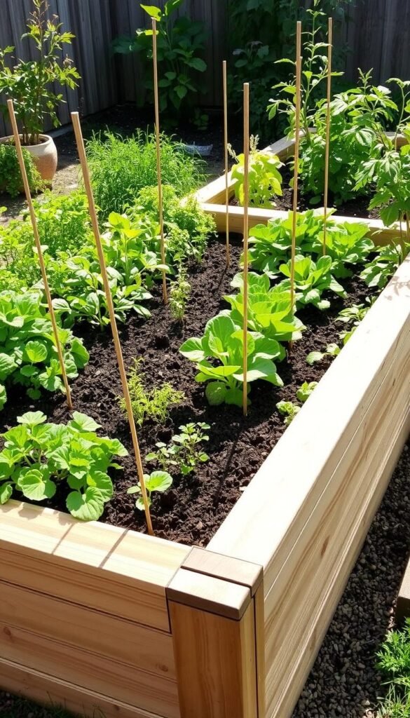 A lush, meticulously designed raised garden bed, nestled in a sunlit backyard. The bed features a rectangular layout with neatly arranged rows of vibrant vegetables and herbs, their green foliage contrasting beautifully against the rich, dark soil. Wooden planks form the sturdy frame, their natural grain and warm tones complementing the verdant palette. Strategically placed supports ensure the plants stand tall and healthy. The scene is bathed in soft, diffused natural light, casting gentle shadows and highlighting the textural details. A sense of order and tranquility pervades the composition, inviting the viewer to imagine the bountiful harvest this carefully curated garden will yield.