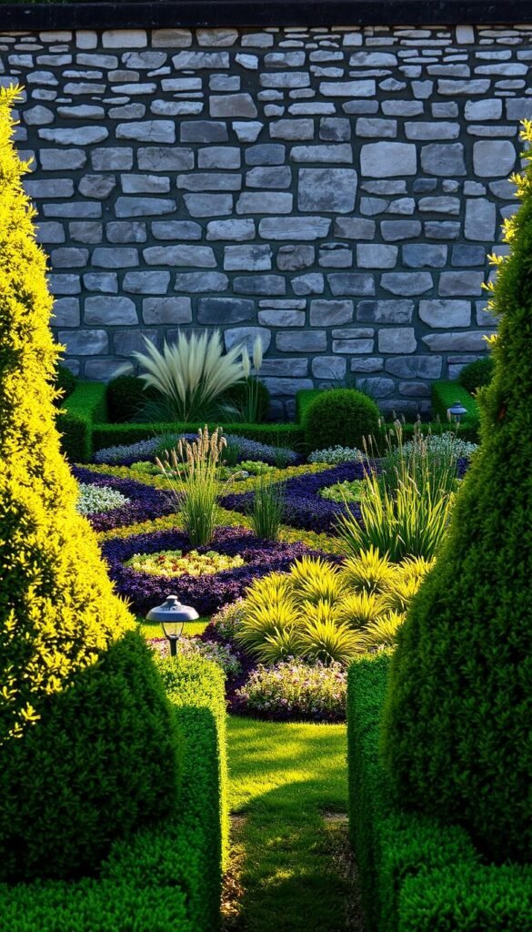A lush, meticulously manicured garden in a classic "definition style" layout. In the foreground, vibrant, sculpted hedges frame the scene, their geometric forms casting dramatic shadows. The middle ground features a diverse tapestry of low-growing perennials and ornamental grasses, their colors and textures harmonizing in a visually striking display. In the background, a weathered stone wall serves as a sturdy backdrop, accentuating the sense of timeless, refined elegance. Warm, directional lighting casts a soft, golden glow over the entire composition, creating a sense of depth and atmosphere. The overall impression is one of carefully curated, intentional design - a garden that embraces its unique style and serves as a bold, visually captivating statement.