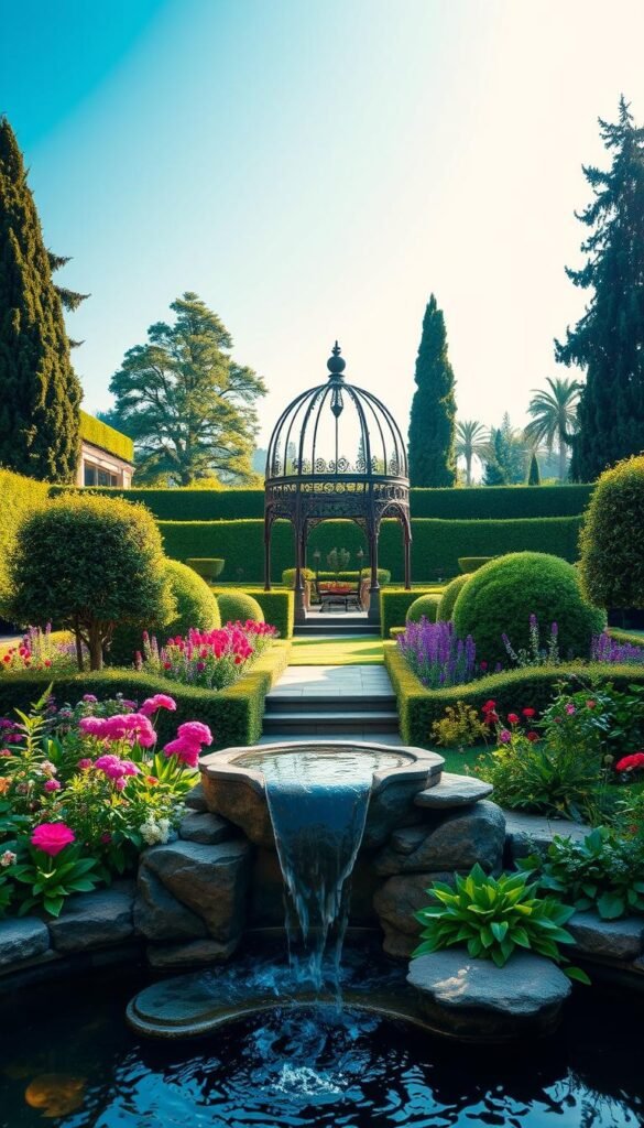 A lush, meticulously manicured garden with a striking central focal point. In the foreground, a beautifully crafted stone water feature gently cascades into a tranquil pool, surrounded by a diverse array of vibrant flowering plants and verdant foliage. In the middle ground, an ornate wrought-iron gazebo stands as a captivating architectural element, its intricate details casting playful shadows on the ground. The background is a harmonious tapestry of neatly trimmed hedges, towering trees, and a clear blue sky, creating a sense of depth and balance. The lighting is soft and diffused, bathing the scene in a warm, golden glow that accentuates the garden's natural beauty. The overall atmosphere is one of serene elegance, inviting the viewer to pause and immerse themselves in the tranquil, well-designed space.