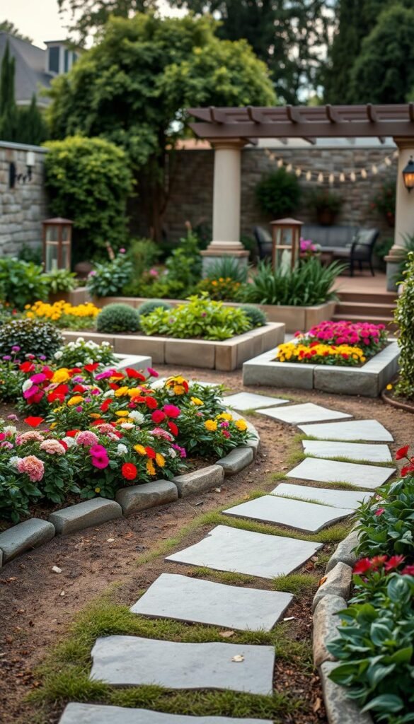 A lush, meticulously planned cottage garden layout, showcasing a harmonious blend of traditional and modern elements. In the foreground, a gently curving stone path winds through vibrant flower beds, punctuated by carefully placed stepping stones. The middle ground features raised garden beds with neatly arranged plants, their foliage cascading in a soft, natural rhythm. In the background, a low stone wall provides a sense of enclosure, while a pergola-covered seating area hints at the tranquil, inviting atmosphere. Soft, warm lighting from sconce-mounted lanterns casts a gentle glow, accentuating the garden's timeless charm. The overall composition conveys a sense of order and intentionality, guiding the viewer through a visually captivating step-by-step planting and layout implementation.