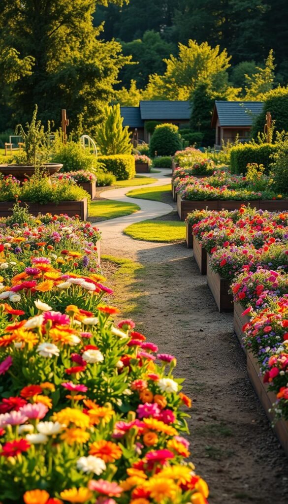 A lush, meticulously planned cut flower garden layout with raised beds, bathed in warm, golden afternoon light. The foreground features orderly rows of vibrant blooms in a variety of colors and textures, each bed carefully designed to maximize productivity and visual appeal. In the middle ground, a winding path invites the viewer to explore the garden, while the background showcases a backdrop of verdant foliage and a glimpse of a picturesque shed or structure. The scene exudes a sense of tranquility and abundance, capturing the essence of a thriving, well-curated cut flower garden ready to provide an endless supply of beautiful bouquets.