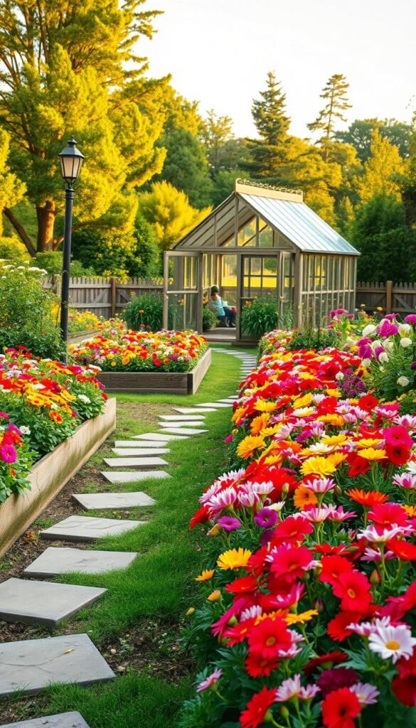 A lush, meticulously planned cut flower garden unfolds, showcasing a harmonious arrangement of vibrant blooms. In the foreground, rows of raised garden beds brim with an array of colorful flowers, their petals gently swaying in the soft, natural light. Carefully placed stepping stones wind through the scene, inviting exploration. In the middle ground, a picturesque greenhouse stands, its glass panels reflecting the verdant surroundings. Beyond, a rustic wooden fence frames the garden, with a verdant backdrop of towering trees and a warm, golden sky. The overall atmosphere conveys a sense of tranquility, inspiration, and the joy of cultivating a bountiful, visually stunning cut flower garden.