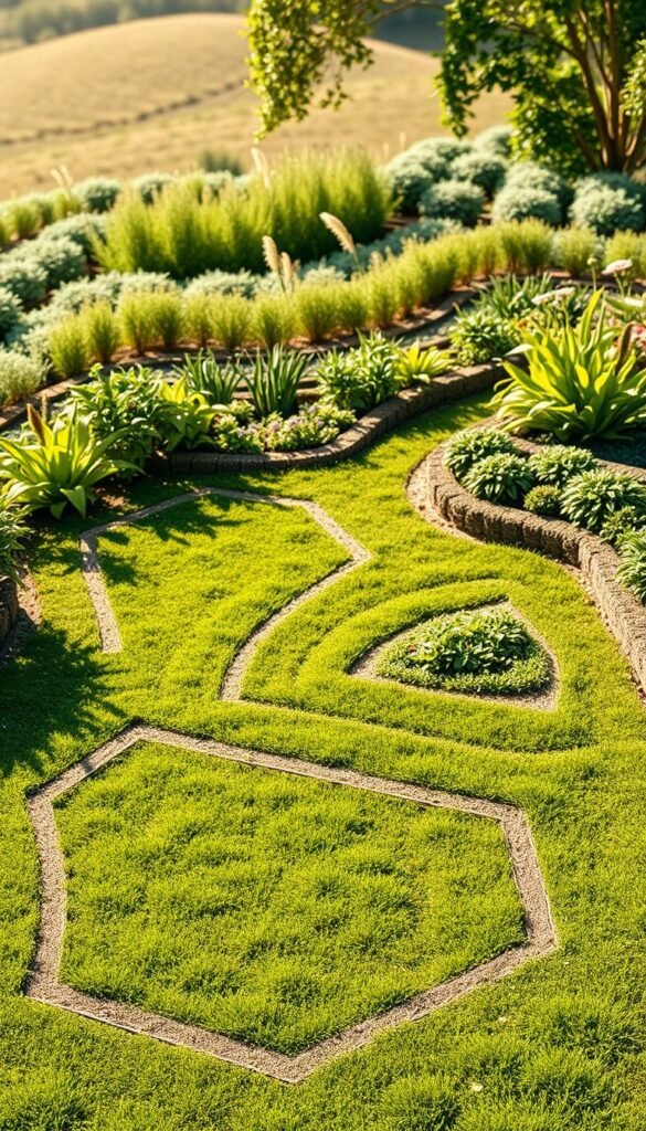 A lush, meticulously planned garden bed layout, with a focus on crisp, well-defined edging. The foreground features a detailed sketch of the garden bed design, showcasing various shapes and patterns. The middle ground depicts a serene, sun-dappled scene, with verdant plants and flowers adorning the borders. In the background, a soft, blurred landscape provides a natural backdrop, enhancing the sense of depth and tranquility. The lighting is natural and warm, casting gentle shadows that accentuate the textural elements. The camera angle is slightly elevated, providing an overhead view that allows the viewer to appreciate the layout and design in its entirety.