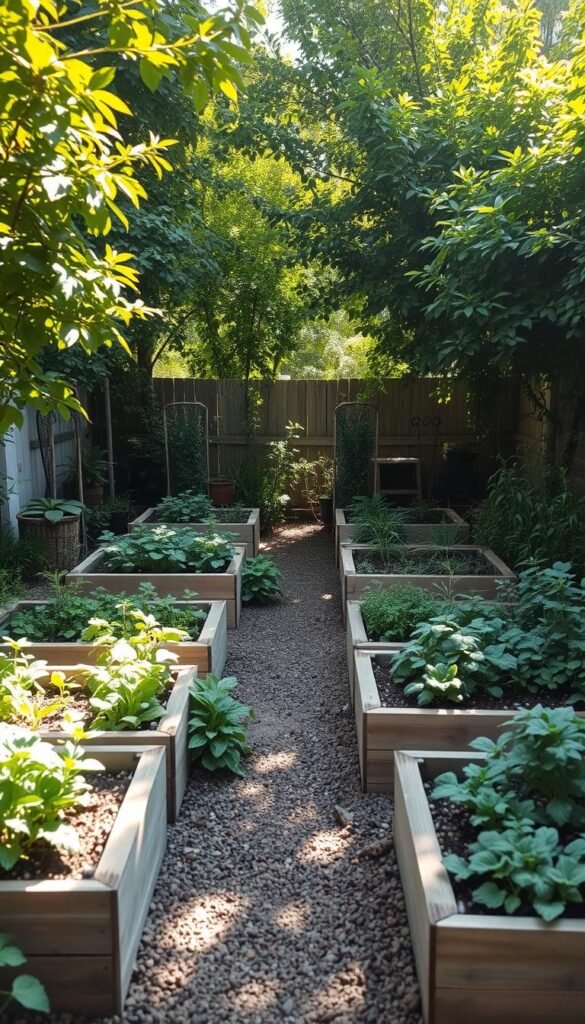 A lush, meticulously planned garden layout with raised beds nestled in a cozy corner. Neatly arranged vegetable plots and herb gardens frame a central path, inviting exploration. Dappled sunlight filters through verdant foliage, casting a warm, contemplative atmosphere. The layout is optimized for efficient space usage, with each bed carefully positioned to maximize yields. A mix of textures and colors create visual interest, from the weathered wood of the raised beds to the vibrant green foliage. A subtle sense of order and intentionality pervades the scene, reflecting the thoughtful planning process. The overall impression is one of a harmonious, productive outdoor oasis, perfectly suited for the article's subject.