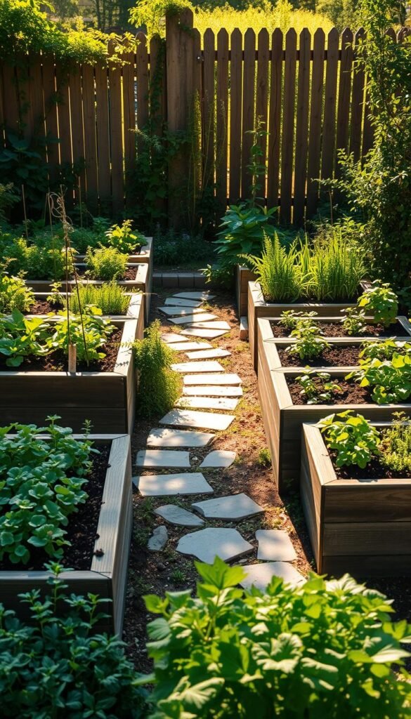 A lush, meticulously planned raised bed vegetable garden, bathed in warm afternoon sunlight. The foreground features a series of elevated planting beds, arranged in a visually captivating geometric layout, filled with a vibrant array of thriving vegetable and herb plants. The middle ground showcases a winding stone pathway, flanked by flourishing greenery, inviting the viewer to explore this verdant oasis. In the background, a picturesque wooden fence frames the scene, casting gentle shadows that accentuate the play of light and shadow across the garden. The overall composition exudes a sense of harmony, productivity, and a deep connection to the natural world.