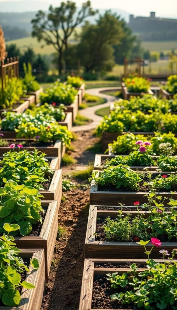 A lush, meticulously planned raised garden bed layout, illuminated by soft, natural light. The foreground showcases a series of raised planter boxes, their edges neatly trimmed and arranged in a visually appealing geometric pattern. The beds are filled with a vibrant array of thriving plants, their leaves and petals gently swaying in a light breeze. In the middle ground, a path winds through the garden, inviting the viewer to explore. The background features a tranquil, blurred landscape, hinting at the garden's peaceful, serene setting. The overall composition exudes a sense of harmony, organization, and environmental sustainability, perfectly suited to illustrate the "Planning and Designing Your Raised Bed Garden" section.