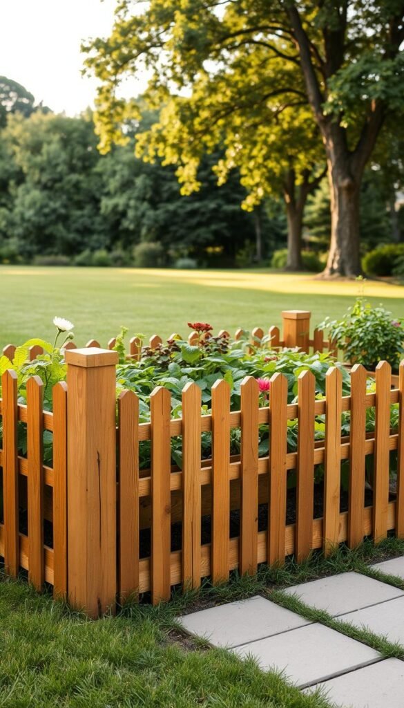 A lush, meticulously planned raised garden bed with a removable wooden fence in the foreground. The fence is constructed with slats of warm, weathered oak, strategically arranged to create a visually appealing and functional enclosure. In the middle ground, a variety of thriving plants and vegetables fill the raised bed, their vibrant foliage and blooms adding pops of color. The background features a tranquil natural setting, with a verdant lawn leading to a line of mature trees, casting a soft, diffused light over the entire scene. The overall composition conveys a sense of balance, organization, and a harmonious blend of functionality and aesthetic appeal. A lush, meticulously planned raised garden bed with a removable wooden fence in the foreground. The fence is constructed with slats of warm, weathered oak, strategically arranged to create a visually appealing and functional enclosure. In the middle ground, a variety of thriving plants and vegetables fill the raised bed, their vibrant foliage and blooms adding pops of color. The background features a tranquil natural setting, with a verdant lawn leading to a line of mature trees, casting a soft, diffused light over the entire scene. The overall composition conveys a sense of balance, organization, and a harmonious blend of functionality and aesthetic appeal.