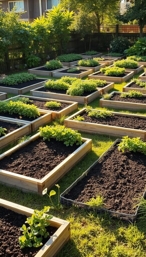 A lush, meticulously planned raised garden layout, showcasing a harmonious arrangement of raised garden beds in a tranquil, sun-dappled setting. Wooden frames, filled with rich, dark soil, form orderly rows, their edges accentuated by neatly trimmed grass pathways. Vibrant green foliage spills over the beds, hinting at the bountiful harvest to come. The scene is bathed in warm, golden light, casting long shadows and creating a sense of depth and perspective. The layout is strategically designed to maximize space and efficiency, with thoughtful placement of each raised bed for optimal sun exposure and water drainage. This image perfectly captures the essence of a thriving, well-organized raised garden, ready to provide a bountiful yield for the enthusiastic gardener.