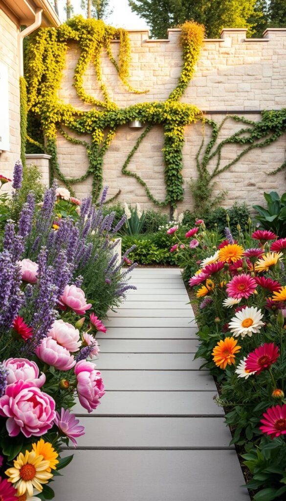 A lush, modern cottage garden with a harmonious blend of traditional and contemporary elements. In the foreground, a curated mix of vibrant flowers, including billowing peonies, delicate lavender, and striking dahlias, arranged in an asymmetric, artful pattern. In the middle ground, sleek, geometric stone pavers create a minimalist pathway, contrasting with the soft, organic foliage. The background features a picturesque stone wall, adorned with cascading vines and subtle lighting, evoking a sense of timeless charm. The overall scene is bathed in warm, golden light, creating a serene and inviting atmosphere.
