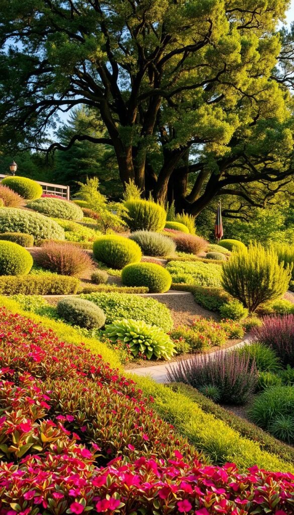 A lush, multi-tiered garden design cascading down a gently sloping hill. In the foreground, a diverse array of thriving plants and flowers in vibrant hues creating a sense of depth and visual interest. The middle ground features strategically placed shrubs and small trees, their canopies offering dappled light and a sense of enclosure. Further back, the background is dominated by the mature, majestic trees that anchor the scene, their branches providing a natural, verdant canopy. The lighting is soft and natural, casting warm, golden tones that enhance the rich textures and colors of the vegetation. The composition is balanced and harmonious, drawing the viewer's eye through the various layers of the design.