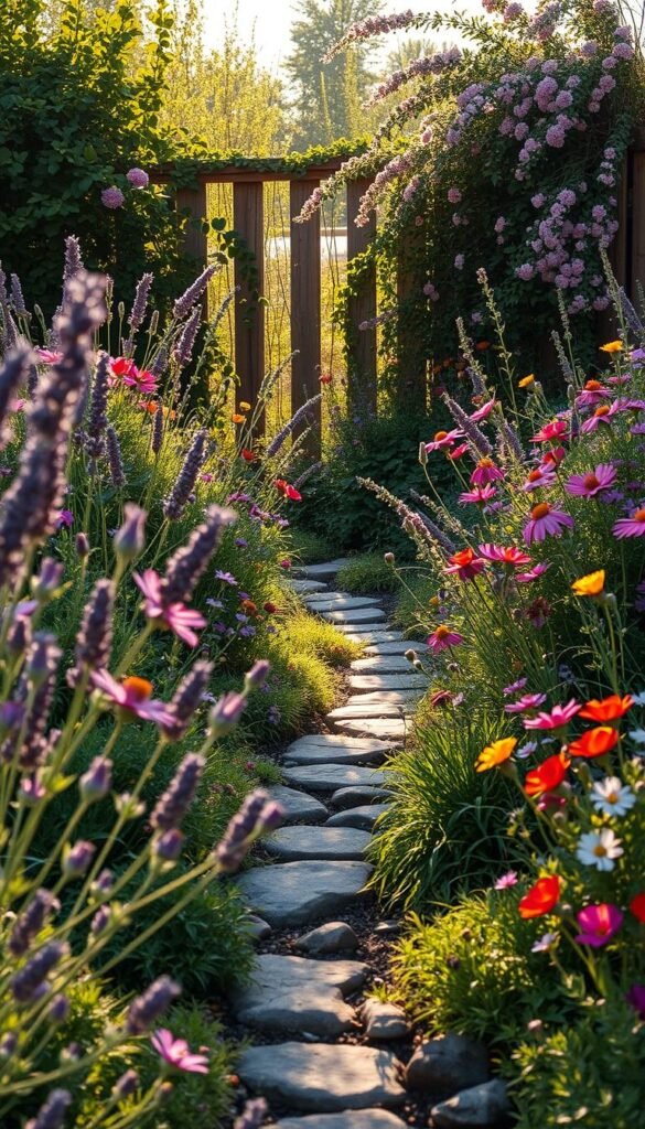 A lush, natural garden border overflowing with a vibrant mix of wildflowers and cottage-style plants. In the foreground, swaying stems of lavender, cosmos, and poppies create a soft, romantic atmosphere. Mid-ground features a meandering path edged with river rocks, leading the eye deeper into the scene. In the background, a wooden fence is partially obscured by a tapestry of trailing vines and flowering shrubs, suggesting a secluded, peaceful haven. Warm, golden sunlight filters through the foliage, casting gentle shadows and highlights that accentuate the organic textures. The overall composition evokes a sense of whimsical charm and rustic beauty, perfectly capturing the essence of a wildflower-inspired cottage garden border.