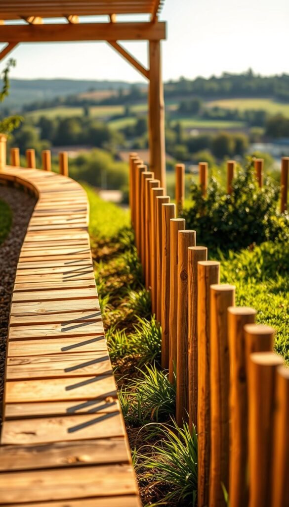 A lush, natural-looking garden border, with precisely arranged wooden planks and posts creating a neat, symmetrical pattern. The sun casts a warm, golden glow, highlighting the rustic textures of the timber. In the foreground, a close-up view showcases the intricate details of the wood joinery and the smooth, uniform lines. The middle ground reveals the full length of the border, seamlessly integrated into the surrounding greenery. In the background, a blurred, idyllic landscape sets the scene, evoking a sense of tranquility and timeless elegance. The overall composition strikes a balance between the man-made structure and the natural beauty of the garden, creating a visually striking and harmonious image.