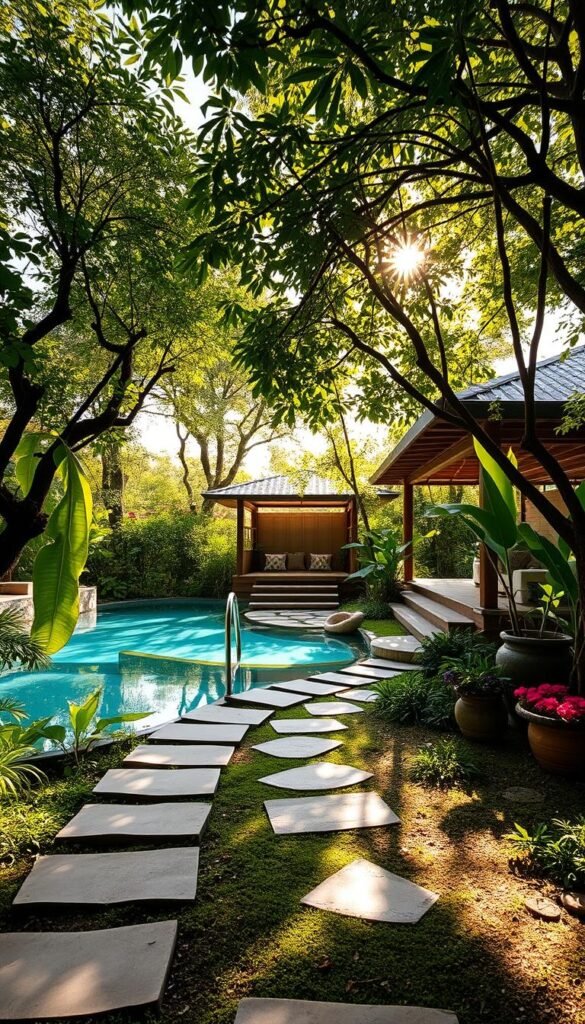 A lush, natural pool surrounded by a tranquil pavilion nestled in a verdant garden oasis. The pool's crystal-clear waters reflect the surrounding greenery and the pavilion's elegant wooden structure. Dappled sunlight filters through the canopy of trees, casting a warm, golden glow across the scene. Smooth stone pathways lead visitors to the peaceful retreat, inviting them to relax and reconnect with nature. The pavilion's open-air design incorporates natural materials like bamboo and rattan, blending seamlessly with the organic landscape. Potted plants and colorful flowers add pops of vibrant life, creating a harmonious and rejuvenating outdoor living space.