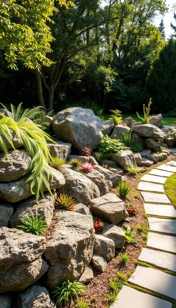 A lush, natural rock garden nestled in a sun-dappled corner of a verdant backyard. In the foreground, an assortment of textured stones and boulders are artfully arranged, their surfaces weathered and worn. Cascading ferns, low-growing succulents, and colorful alpine plants spill over the crevices, creating a harmonious blend of organic forms. The mid-ground features a meandering path of flagstone pavers, leading the eye deeper into the scene. In the background, a backdrop of mature trees and shrubs provides a sense of depth and seclusion, casting soft, warm lighting across the entire composition. The overall atmosphere is one of tranquility and a harmonious coexistence of natural elements, perfect for a weekend DIY rock garden project.