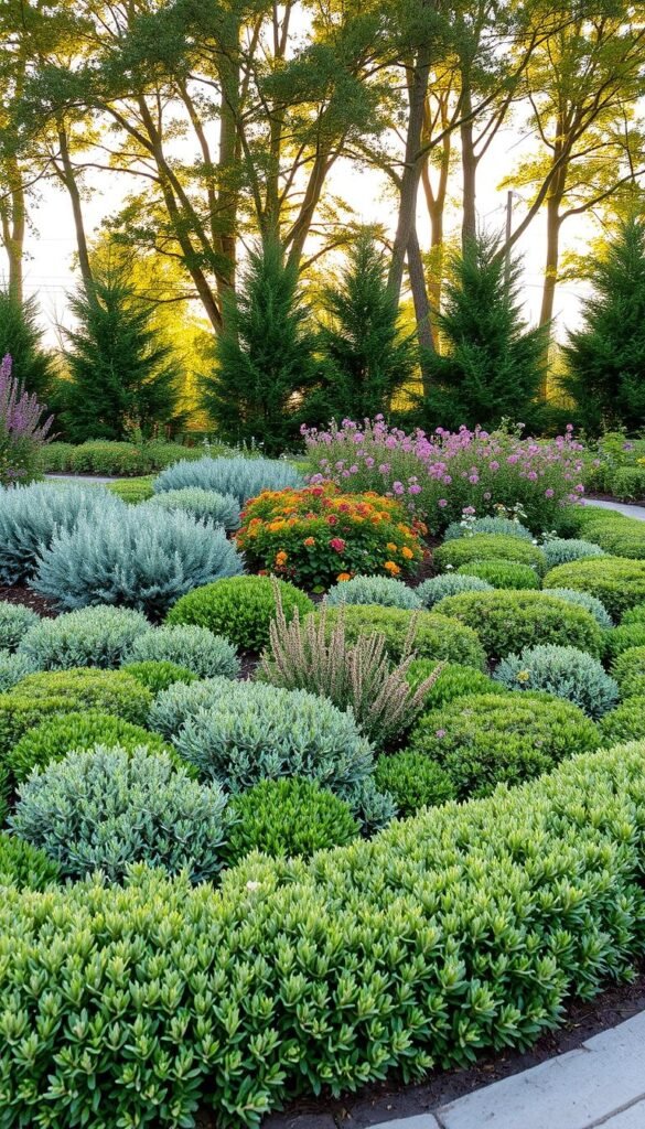 A lush, naturalistic landscape design featuring low-growing shrubs that gently define the garden's borders. In the foreground, a mix of compact, evergreen shrubs in shades of green and silver create a softly undulating edge, their foliage gently swaying in the breeze. The middle ground showcases a varied palette of low-height flowering shrubs, their blossoms adding pops of color that draw the eye inward. In the background, a stand of taller trees provides a verdant backdrop, their branches filtering the warm, golden light of the sun. The overall composition conveys a sense of tranquility and harmony, where the shrubs seamlessly integrate with the surrounding landscape.