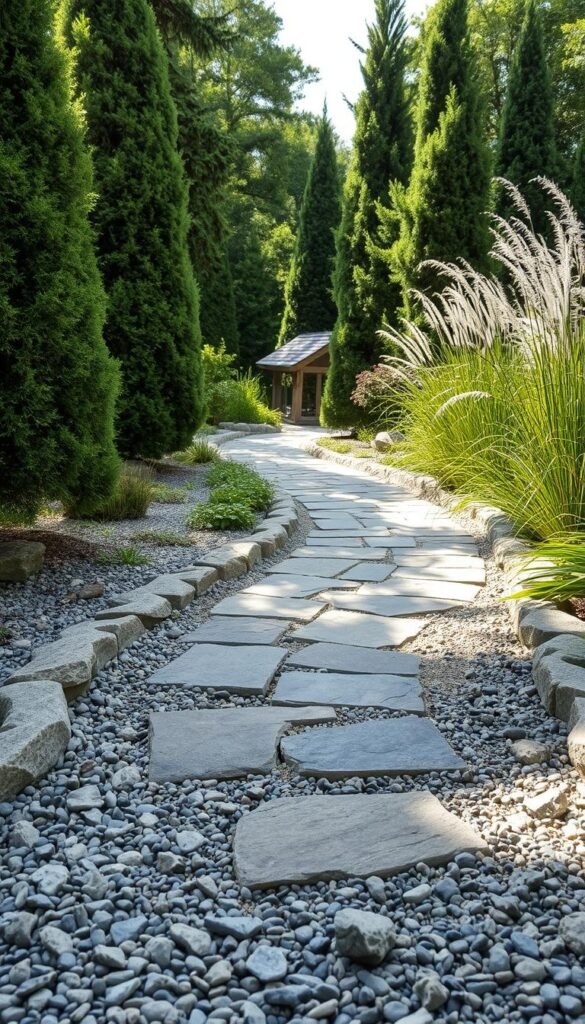 A lush, naturally-lit pathway winds through a serene garden, bordered by weathered grey stone and smooth river pebbles. The foreground features a mix of textured gravel and larger angular stones, creating a tactile, earthy surface underfoot. In the middle ground, irregular flagstones in shades of charcoal and slate form an organic, irregular pattern, blending seamlessly with the surrounding greenery. Towering evergreen trees and wispy ornamental grasses frame the scene, casting dappled shadows and imbuing the atmosphere with a sense of tranquility. The overall impression is one of rustic elegance, where natural materials harmonize to form a cohesive, inviting garden landscape. A lush, naturally-lit pathway winds through a serene garden, bordered by weathered grey stone and smooth river pebbles. The foreground features a mix of textured gravel and larger angular stones, creating a tactile, earthy surface underfoot. In the middle ground, irregular flagstones in shades of charcoal and slate form an organic, irregular pattern, blending seamlessly with the surrounding greenery. Towering evergreen trees and wispy ornamental grasses frame the scene, casting dappled shadows and imbuing the atmosphere with a sense of tranquility. The overall impression is one of rustic elegance, where natural materials harmonize to form a cohesive, inviting garden landscape.