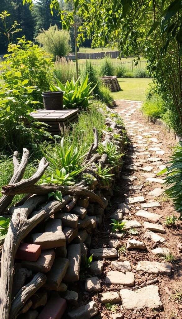 A lush, overgrown garden path, lined with an array of reclaimed and repurposed materials used as creative garden edging. In the foreground, a mix of driftwood, old bricks, river stones, and twisted metal form an organic, textured border. The middle ground showcases a variety of plant life spilling over the edge, casting dynamic shadows. In the background, a sun-dappled clearing reveals other unique edging options like stacked logs, ceramic tiles, and woven willow branches. The scene is bathed in warm, golden light, conveying a sense of rustic charm and environmental harmony. A lush, overgrown garden path, lined with an array of reclaimed and repurposed materials used as creative garden edging. In the foreground, a mix of driftwood, old bricks, river stones, and twisted metal form an organic, textured border. The middle ground showcases a variety of plant life spilling over the edge, casting dynamic shadows. In the background, a sun-dappled clearing reveals other unique edging options like stacked logs, ceramic tiles, and woven willow branches. The scene is bathed in warm, golden light, conveying a sense of rustic charm and environmental harmony.