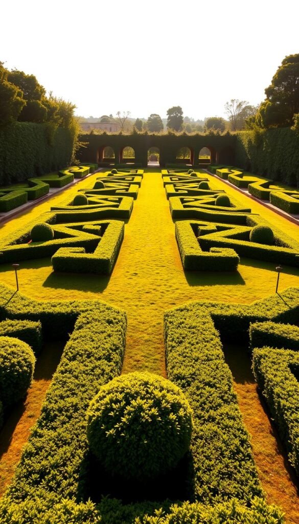 A lush, perfectly manicured garden with symmetrical, geometric border patterns. Vibrant green hedges and neatly trimmed bushes line the edges, creating a visually striking, highly organized layout. The scene is bathed in warm, golden sunlight, casting long shadows that accentuate the clean lines and intricate designs. The camera angle is slightly elevated, showcasing the symmetry and precision of the garden's architecture. An atmosphere of tranquility and timeless elegance permeates the scene, inviting the viewer to immerse themselves in the beauty of this meticulously designed outdoor space.