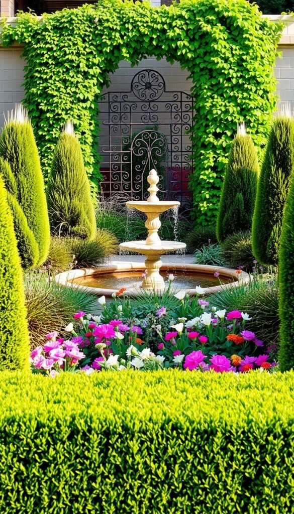 A lush, professionally-designed garden oasis with a mix of textures and heights. In the foreground, a neatly trimmed boxwood hedge frames the scene, leading the eye towards the centerpiece - a striking water feature with a cascading fountain. Flanking the water element, carefully pruned topiaries and spiky architectural plants create visual interest and depth. The middle ground showcases a variety of blooming perennials in a harmonious color palette, their petals gently swaying in a warm, golden light. In the background, a wrought-iron trellis supports a flourishing climbing vine, adding vertical emphasis and a sense of enclosure. The overall composition exudes a serene, elegant atmosphere, inspiring ideas for a small garden border design.