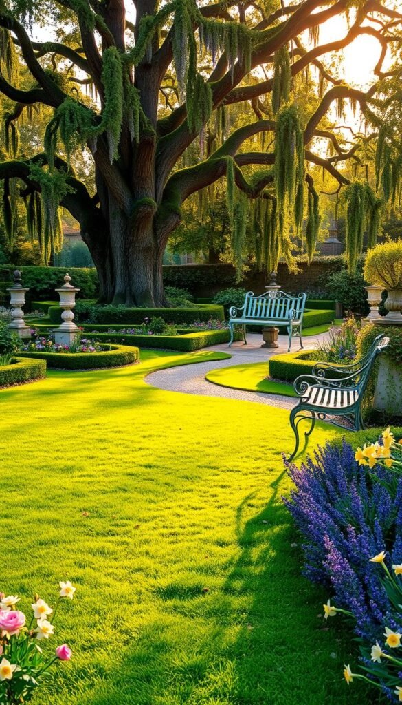 A lush, quintessential English garden in the early morning light. A carpet of vibrant green grass stretches out, dotted with colorful blooms - delicate roses, fragrant lavender, and cheerful daffodils. In the middle ground, a meandering gravel path winds through neatly trimmed hedges and ornate stone statues. Sunlight filters through the canopy of towering oak trees, casting a warm, golden glow over the entire scene. A wrought-iron garden bench sits invitingly, framed by cascading vines and trailing wisteria. The overall atmosphere exudes a sense of timeless elegance and tranquility, perfectly capturing the essence of the classic English garden style. A lush, quintessential English garden in the early morning light. A carpet of vibrant green grass stretches out, dotted with colorful blooms - delicate roses, fragrant lavender, and cheerful daffodils. In the middle ground, a meandering gravel path winds through neatly trimmed hedges and ornate stone statues. Sunlight filters through the canopy of towering oak trees, casting a warm, golden glow over the entire scene. A wrought-iron garden bench sits invitingly, framed by cascading vines and trailing wisteria. The overall atmosphere exudes a sense of timeless elegance and tranquility, perfectly capturing the essence of the classic English garden style.