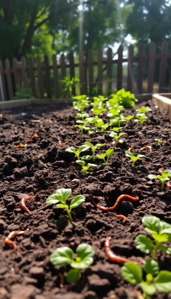 A lush, raised garden bed filled with rich, dark soil. The soil is crumbly and moist, teeming with life and nutrients. Sunlight filters through the leaves of surrounding trees, casting a warm glow over the garden. In the foreground, earthworms burrow through the soil, aerating and enriching it. The middle ground shows an array of healthy vegetable seedlings, their leaves vibrant and verdant. In the background, a wooden fence frames the scene, adding a rustic touch. The overall atmosphere is one of abundance, vitality, and the joys of homegrown produce.