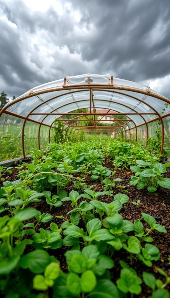 A lush raised garden bed, protected from harsh weather by a transparent, domed structure. In the foreground, delicate seedlings and tender greens are shielded from biting winds and pelting rain. The middle ground features a sturdy, rust-resistant frame supporting the transparent canopy, casting soft, diffused light onto the plants below. In the background, a stormy sky looms, heavy with dark clouds, but the garden remains tranquil and sheltered, a oasis of verdant growth amidst the raging elements. Crisp, high-resolution photography, captured with a wide-angle lens to showcase the full scene.