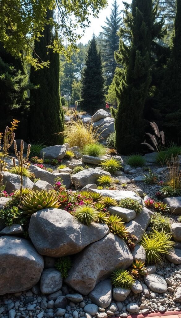 A lush rock garden teeming with life, bathed in soft, natural light. In the foreground, an arrangement of smooth, weathered boulders and pebbles, their surfaces capturing the play of shadows and highlights. Cascading succulents and low-growing perennials spill over the edges, adding pops of vibrant color and delicate textures. Towering conifers and wispy grasses form the middle ground, creating a sense of depth and enclosure. Dappled sunlight filters through the canopy, casting a warm, tranquil glow over the scene. The overall composition evokes a serene, harmonious interplay between the structured, rugged elements of the rock garden and the lush, organic plantings.