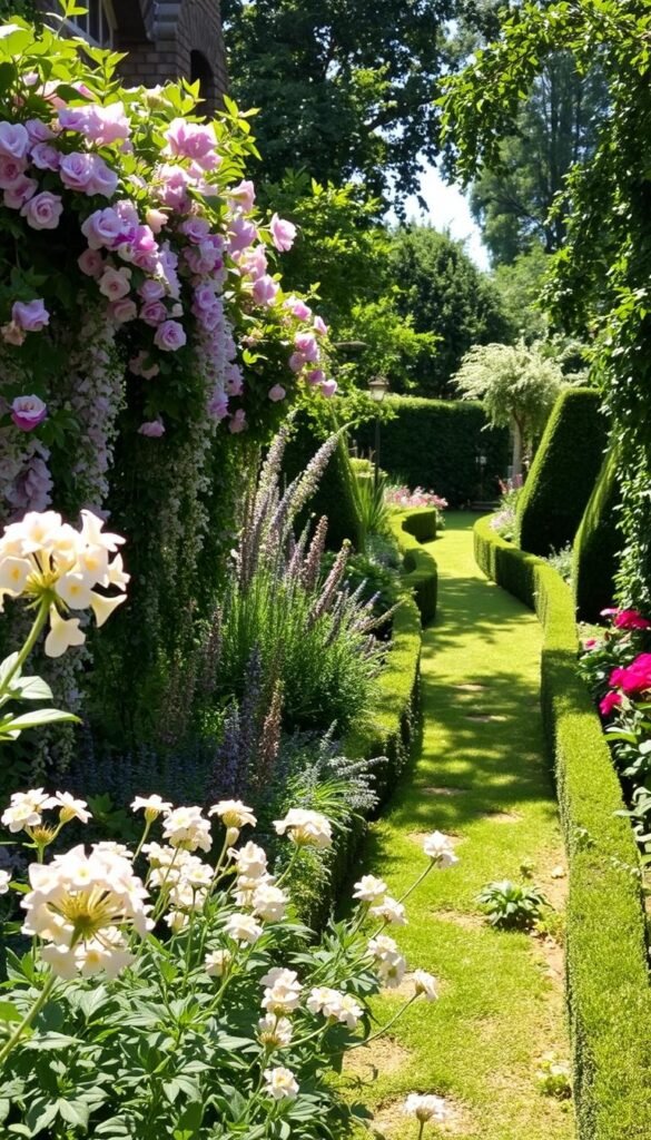 A lush, romantic cottage garden bursting with fragrant blooms and verdant foliage. In the foreground, a cluster of delicate, pastel-hued flowers sway gently in a soft, natural light. The middle ground features an array of towering perennials and trailing vines, their vibrant colors and intricate textures creating a sense of abundance and charm. In the background, a well-tended, winding path winds through the garden, bordered by neatly pruned hedges and complemented by dappled sunlight filtering through the overhead canopy. The overall scene conveys a sense of serene, old-world beauty and the perfect balance of carefully cultivated and naturally flowing elements.