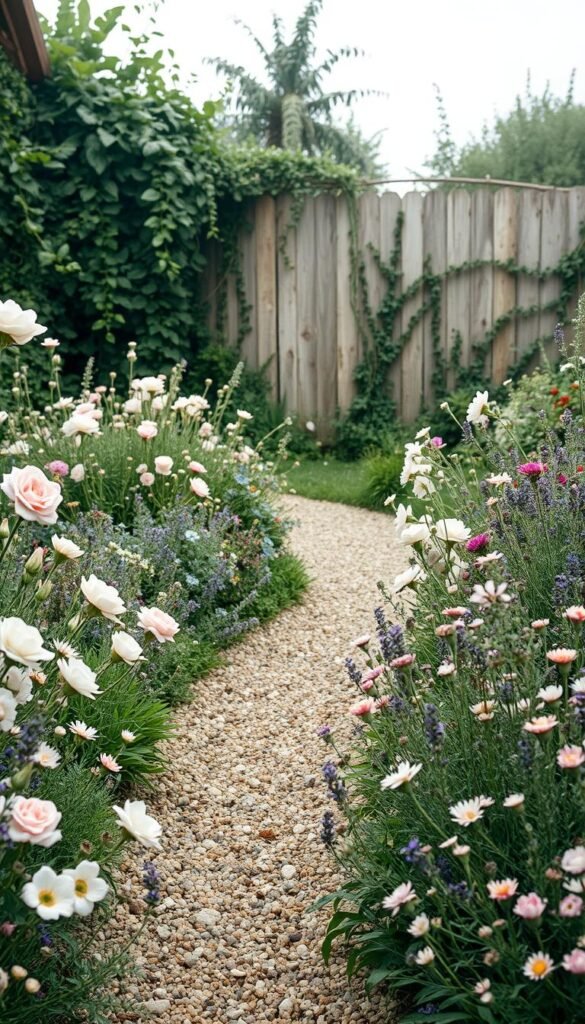 A lush, romantic cottage garden in soft, dreamy lighting. In the foreground, an abundance of delicate blooms - pastel roses, lavender, and airy wildflowers sway gently. The middle ground features a winding gravel path flanked by overflowing beds of cottage-style perennials, their stems and foliage creating an airy, breezy impression. In the background, a rustic wooden fence is partially obscured by cascading vines and trailing plants, evoking a sense of tranquility and timelessness. The overall scene has a soft, hazy quality, as if captured through a vintage lens, conveying the essence of an airy, romantic border.