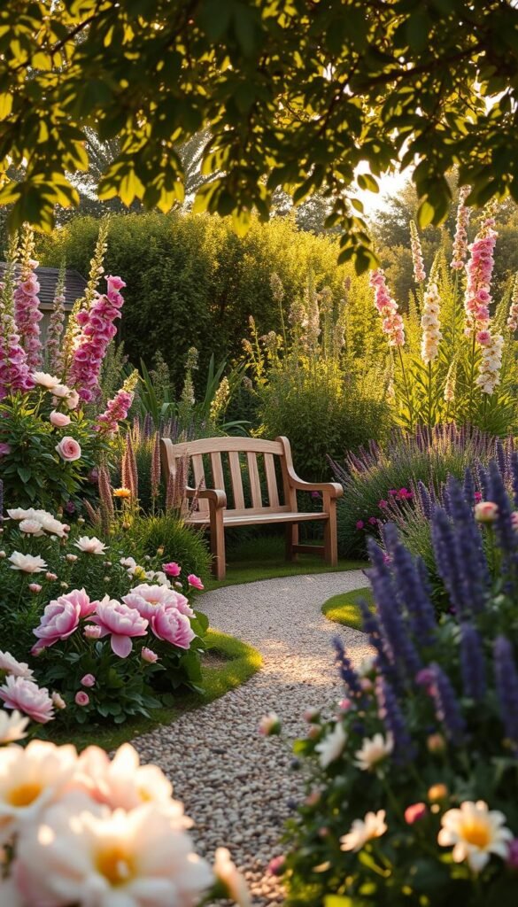 A lush, romantic cottage garden in the afternoon sun, with a winding gravel path leading through a profusion of flowers. In the foreground, an abundance of colorful blooms - billowing peonies, delicate cottage roses, and fragrant lavender. The middle ground features a quaint wooden garden bench nestled amidst the blossoms, inviting the viewer to pause and take in the serene scene. Tall, wispy perennials and towering hollyhocks frame the background, creating a sense of enclosure and privacy. Dappled sunlight filters through the branches overhead, casting a warm, golden glow over the entire tableau. The overall impression is one of tranquility, natural beauty, and a harmonious blend of form and function. A lush, romantic cottage garden in the afternoon sun, with a winding gravel path leading through a profusion of flowers. In the foreground, an abundance of colorful blooms - billowing peonies, delicate cottage roses, and fragrant lavender. The middle ground features a quaint wooden garden bench nestled amidst the blossoms, inviting the viewer to pause and take in the serene scene. Tall, wispy perennials and towering hollyhocks frame the background, creating a sense of enclosure and privacy. Dappled sunlight filters through the branches overhead, casting a warm, golden glow over the entire tableau. The overall impression is one of tranquility, natural beauty, and a harmonious blend of form and function.