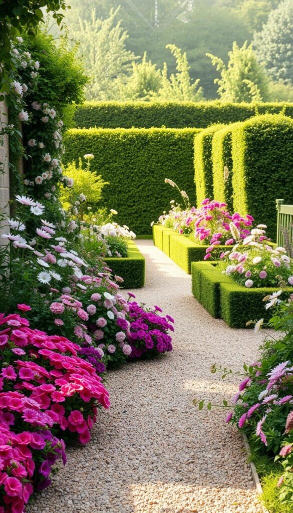 A lush, romantic cottage garden layout showcasing a meandering path winding through vibrant flower beds and neatly trimmed hedged borders. The foreground features a sun-dappled gravel walkway, flanked by overflowing perennial plantings in a vibrant color palette of pinks, purples, and whites. In the middle ground, raised garden beds brimming with billowing blooms are divided by the path, their edges softened by cascading vines and trailing foliage. The background is framed by a row of neatly clipped boxwood hedges, creating a sense of structure and enclosure. Delicate, diffused lighting filters through the scene, evoking a tranquil, serene atmosphere. The overall composition conveys a whimsical, inviting impression of a well-planned, yet naturally flowing cottage garden. A lush, romantic cottage garden layout showcasing a meandering path winding through vibrant flower beds and neatly trimmed hedged borders. The foreground features a sun-dappled gravel walkway, flanked by overflowing perennial plantings in a vibrant color palette of pinks, purples, and whites. In the middle ground, raised garden beds brimming with billowing blooms are divided by the path, their edges softened by cascading vines and trailing foliage. The background is framed by a row of neatly clipped boxwood hedges, creating a sense of structure and enclosure. Delicate, diffused lighting filters through the scene, evoking a tranquil, serene atmosphere. The overall composition conveys a whimsical, inviting impression of a well-planned, yet naturally flowing cottage garden.