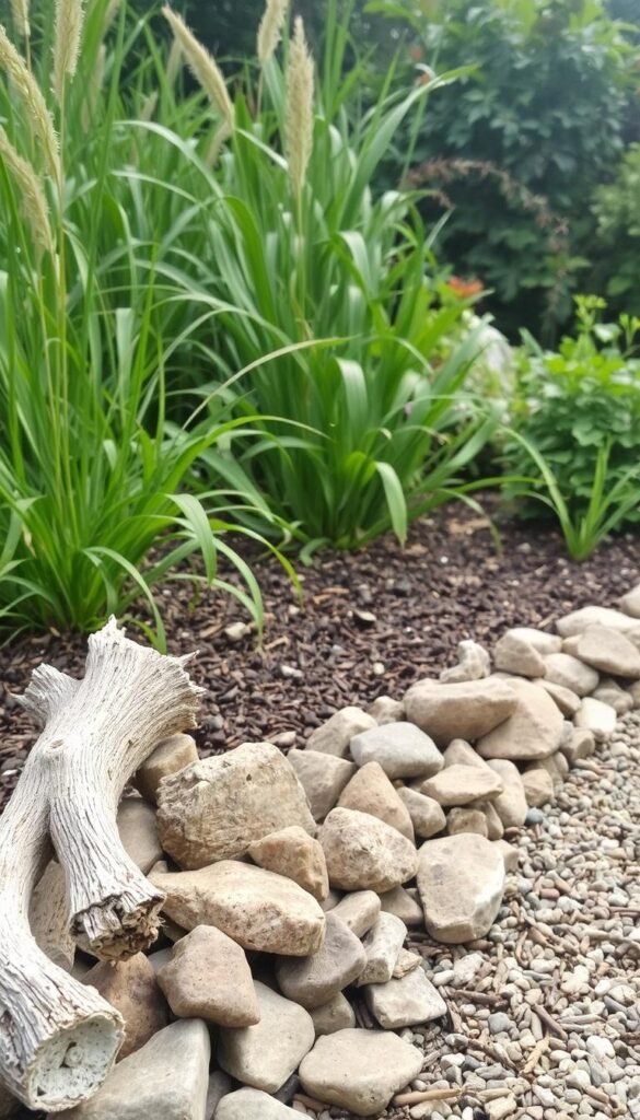 A lush, rustic garden edge featuring a variety of natural materials. In the foreground, a mix of weathered driftwood pieces and river rocks create an organic, textured border. The middle ground showcases a combination of mulch and gravel, providing contrasting tones and textures. In the background, a verdant backdrop of vibrant foliage, including tall grasses and leafy shrubs, creates a sense of depth and natural harmony. Soft, diffused lighting casts gentle shadows, emphasizing the tactile qualities of the materials. The overall composition conveys a sense of earthy, inviting charm, perfectly suited for a rustic garden setting.