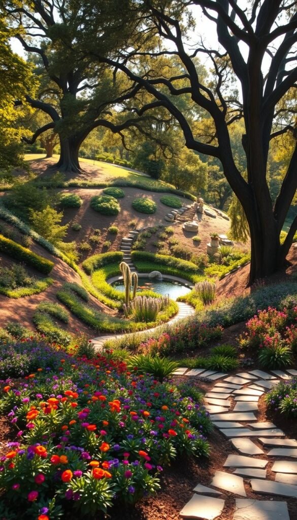 A lush, sloping garden cascading down a rolling hillside, dotted with mature trees that cast gentle shadows across the landscape. In the foreground, a winding stone path meanders through a tapestry of vibrant perennials, their colors complementing the earthy tones of the soil. Towards the middle, an ornamental pond reflects the dappled sunlight, its tranquil surface interrupted by the playful splashing of koi. In the background, the towering silhouettes of ancient oaks and elms frame the scene, their branches creating a natural canopy that filters the warm, golden light. The overall atmosphere is one of serene harmony, where the garden seamlessly integrates with the existing topography and vegetation.