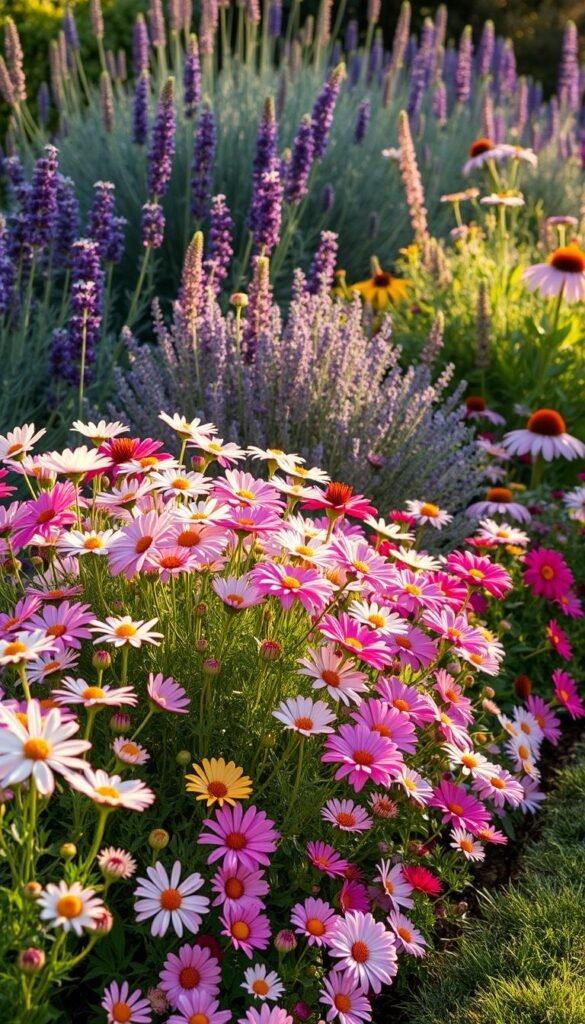 A lush, soft-hued garden border filled with a harmonious blend of delicate annuals and robust perennials. In the foreground, a riot of pastel-colored annuals such as cosmos, zinnias, and bachelor's buttons dance in the gentle breeze, their petals catching the warm afternoon light. Behind them, the sturdy forms of perennials like lavender, salvia, and coneflowers add structure and contrast, their deep greens and vibrant hues creating a visually captivating tapestry. The overall scene is bathed in a warm, golden glow, creating a sense of tranquility and natural beauty. The composition is balanced, with the annuals and perennials seamlessly integrated, inviting the viewer to step into this serene floral oasis.