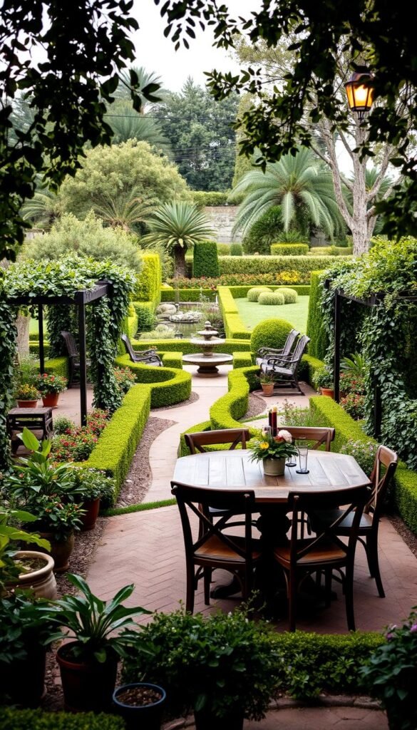 A lush, sprawling outdoor dining area nestled within a well-manicured garden. In the foreground, a rustic wooden table and chairs set the stage for al fresco meals, surrounded by verdant potted plants and ornamental flower beds. The middle ground features a gently winding path leading to the dining space, flanked by neatly trimmed hedges and trellises adorned with climbing vines. In the background, a tranquil water feature, such as a small pond or fountain, adds a soothing ambiance, while a mix of mature trees and shrubs create a natural, secluded atmosphere. Soft, warm lighting from strategically placed lanterns or string lights creates a cozy, inviting atmosphere as the sun sets, perfectly complementing the serene and elegant outdoor dining experience. A lush, sprawling outdoor dining area nestled within a well-manicured garden. In the foreground, a rustic wooden table and chairs set the stage for al fresco meals, surrounded by verdant potted plants and ornamental flower beds. The middle ground features a gently winding path leading to the dining space, flanked by neatly trimmed hedges and trellises adorned with climbing vines. In the background, a tranquil water feature, such as a small pond or fountain, adds a soothing ambiance, while a mix of mature trees and shrubs create a natural, secluded atmosphere. Soft, warm lighting from strategically placed lanterns or string lights creates a cozy, inviting atmosphere as the sun sets, perfectly complementing the serene and elegant outdoor dining experience.